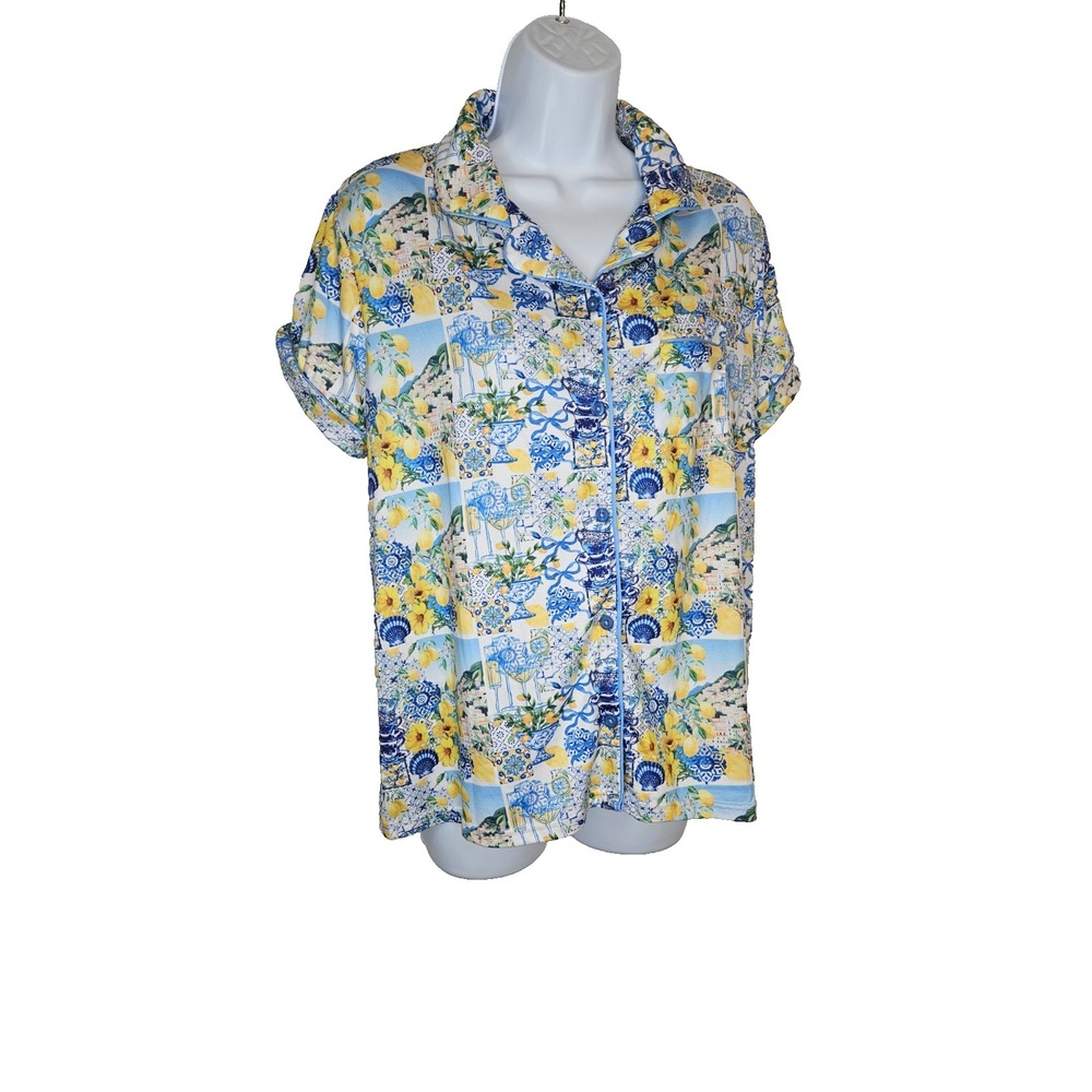 Haute‎ Dreamz Lemon Tile Pajama Set Women's M Top & Shorts Sleepwear Cottagecore